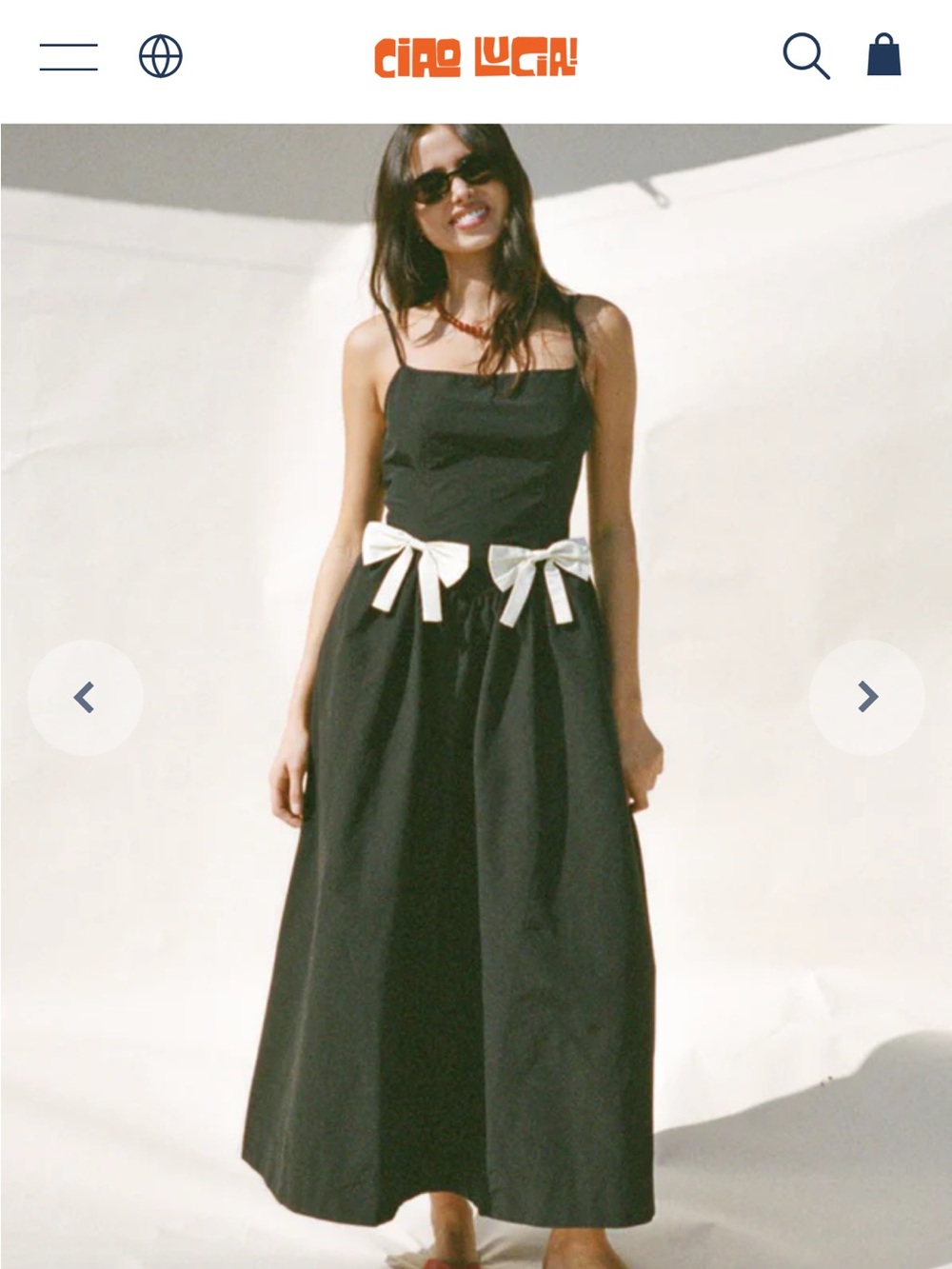 NWT Ciao Lucia Faille Neroni Black Maxi Dress with Cream Waist Bows Medium M
